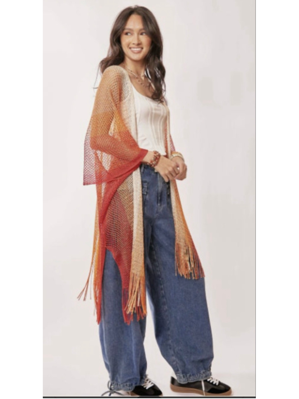 Women's Davi & Dani Ombre Fringe Kimono Cover-Up One Size Orange Red